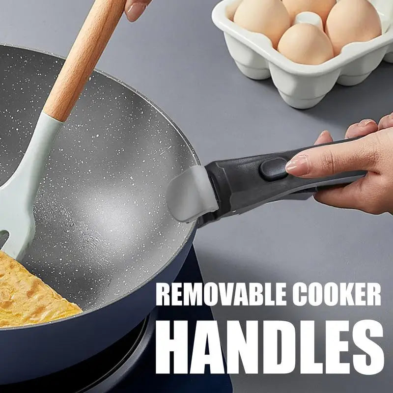Cabo removível e anti-queimadura para panelas e frigideiras. Compatível com qualquer tipo de cookware, oferece segurança e praticidade na cozinha.