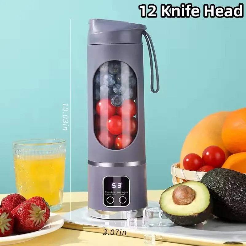 Espremedor elétrico portátil com carregamento USB, motor potente e capacidade de 450ml.