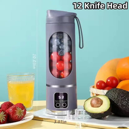 Espremedor elétrico portátil com carregamento USB, motor potente e capacidade de 450ml.