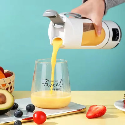 Espremedor elétrico portátil com carregamento USB, motor potente e capacidade de 450ml.