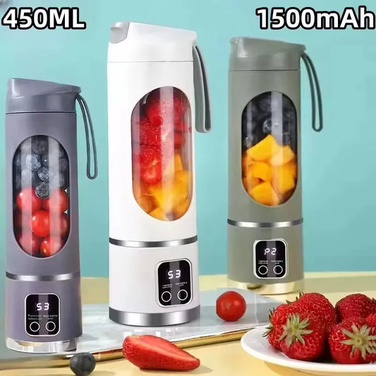 Espremedor elétrico portátil com carregamento USB, motor potente e capacidade de 450ml.