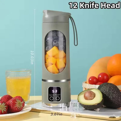 Espremedor elétrico portátil com carregamento USB, motor potente e capacidade de 450ml.