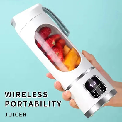 Espremedor elétrico portátil com carregamento USB, motor potente e capacidade de 450ml.