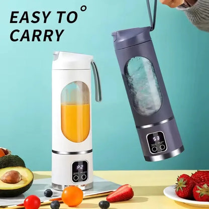 Espremedor elétrico portátil com carregamento USB, motor potente e capacidade de 450ml.